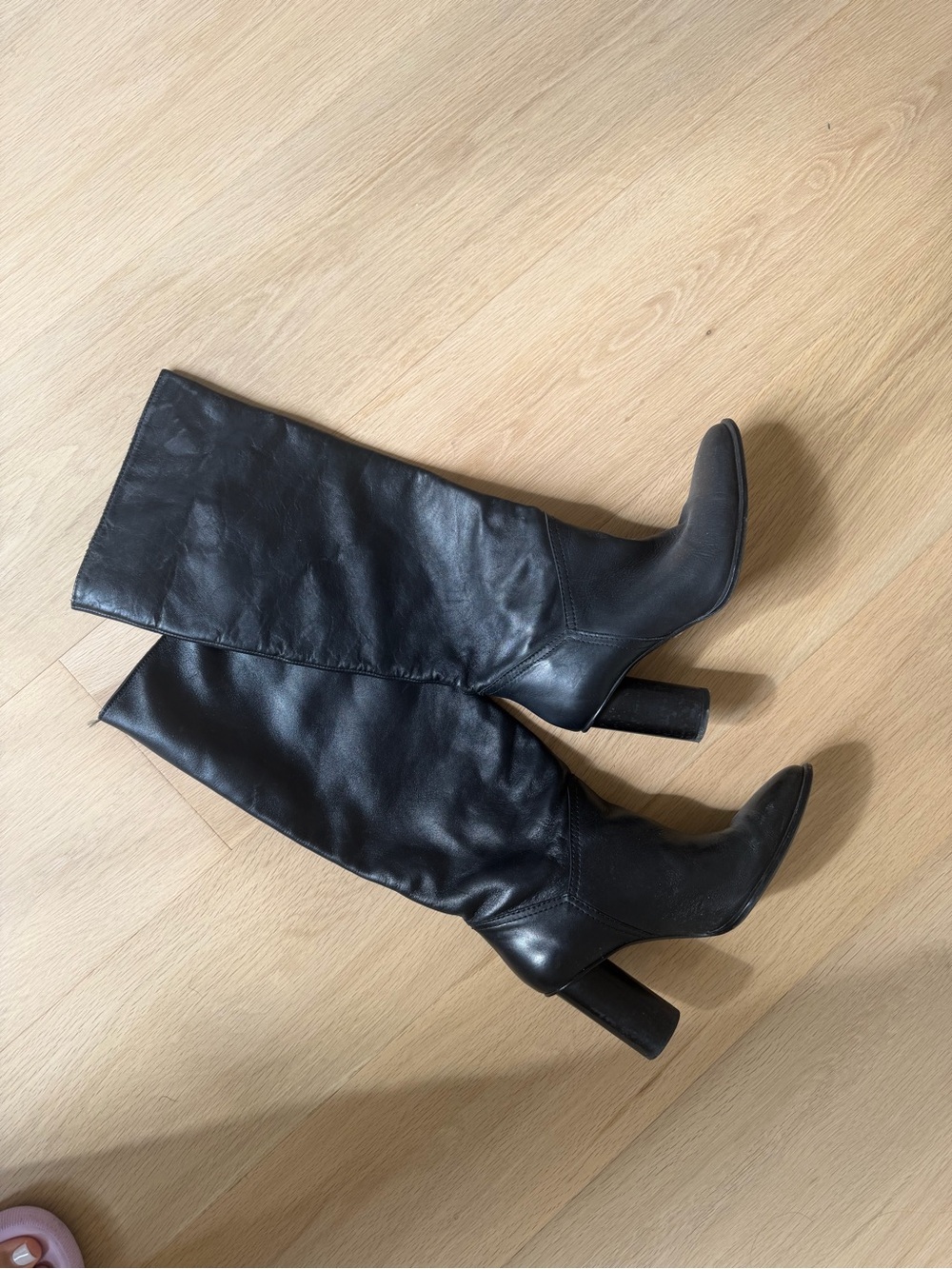 Zara Black Tall Leather Block-Heel Boots